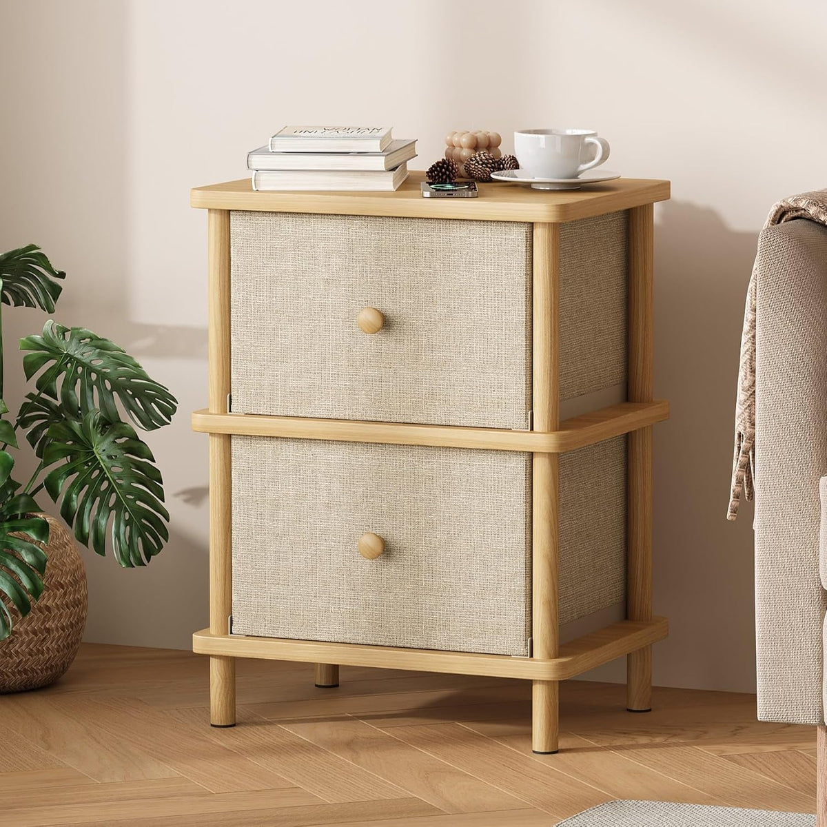 Apicizon Nightstand with 2 Storage Drawers, Boho Side Table with Solid Wood Legs, End Table for Small Spaces, Bedroom, Living Room, Entryway, Natural