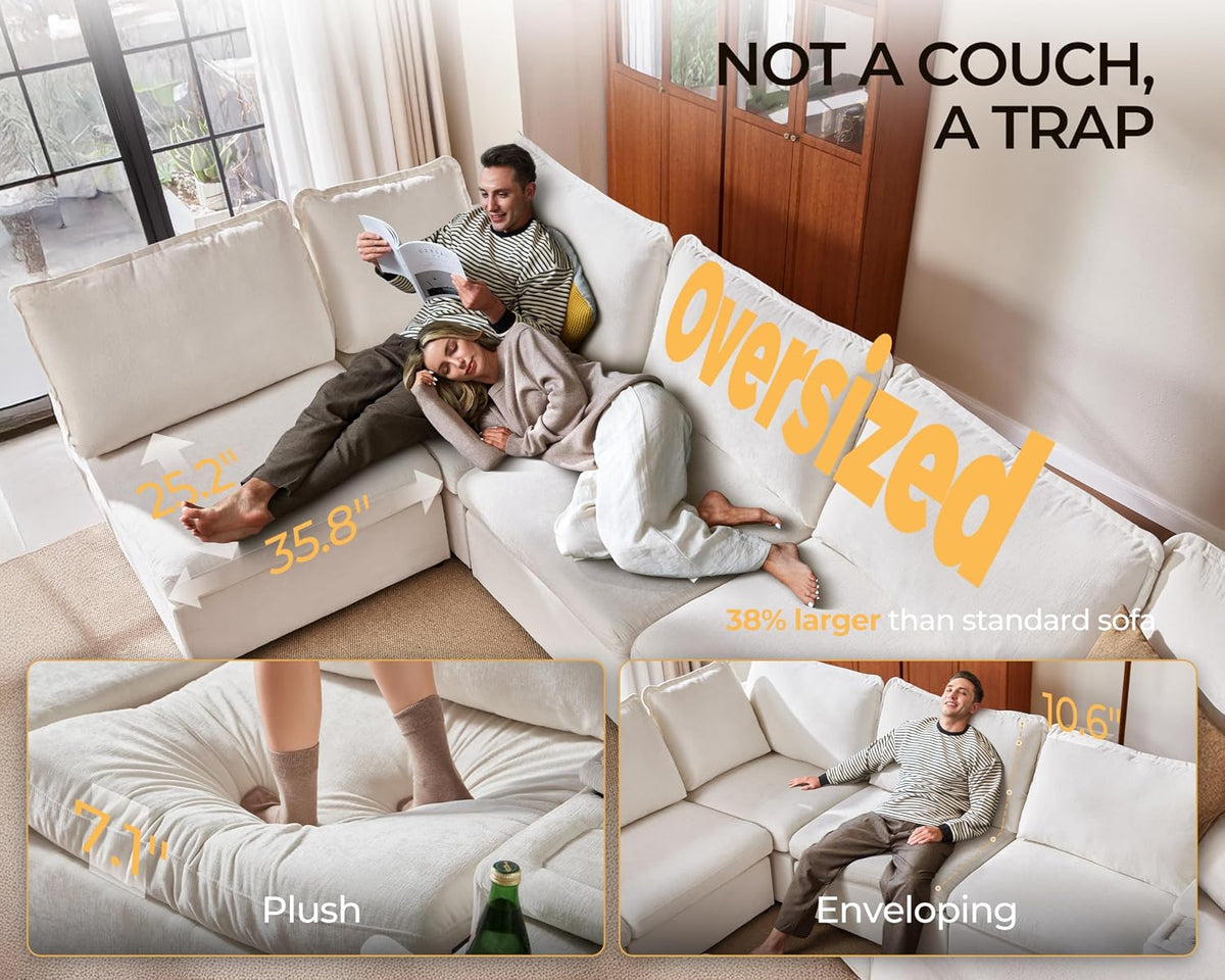 124.8'' Oversized Modular Sofa Comfy Cloud Couch with Storage Wide L-Shaped Sectional Sofa Set with Chaise for Living Room, Covers Washable, 4-Seater with Ottoman, Chenille, White
