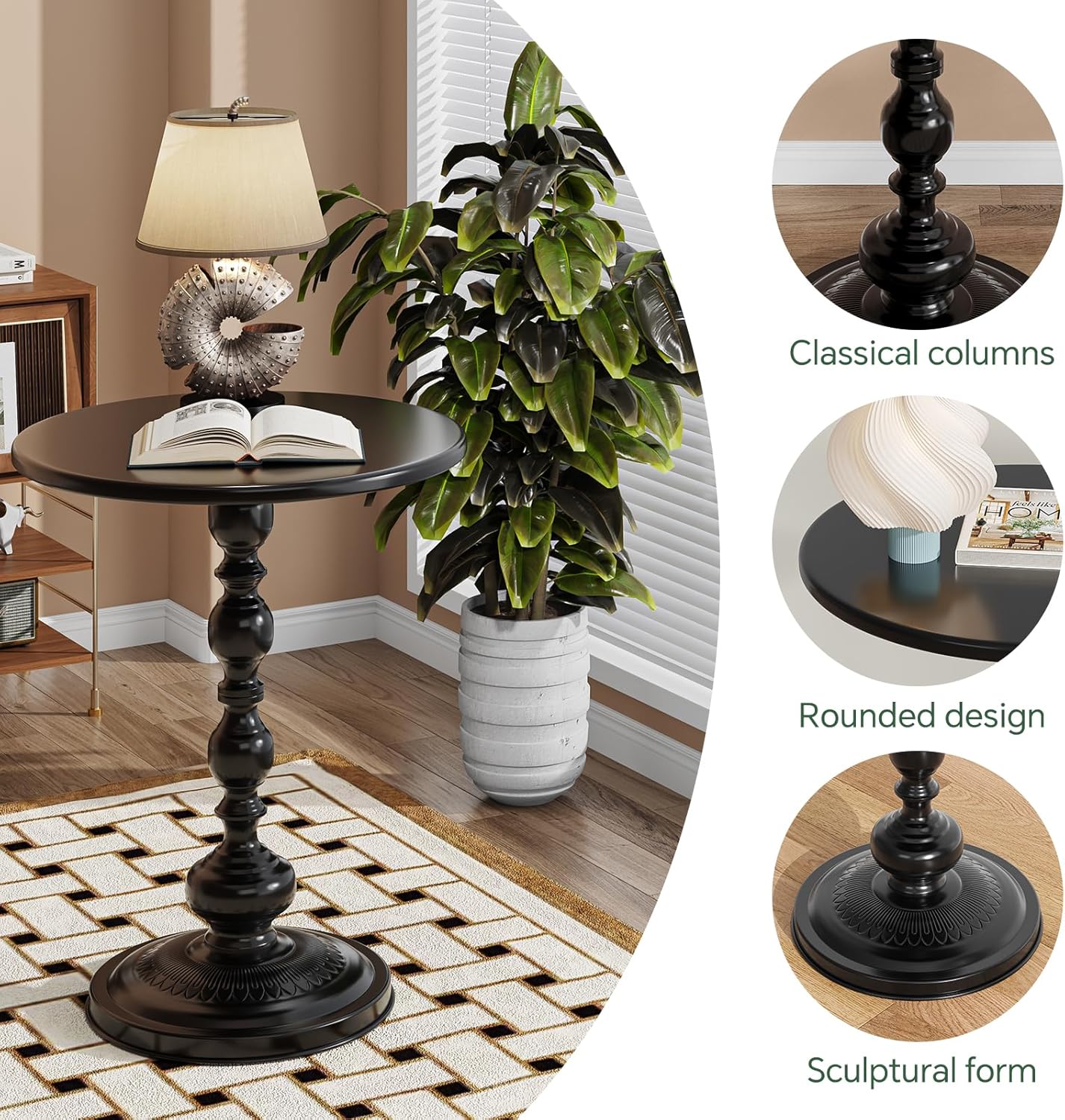 Simple Trending Small Side Table, Round Drink Table End Table, Sofa Table TV Tray Table, Pedestal Coffee Table for Living Room, Black