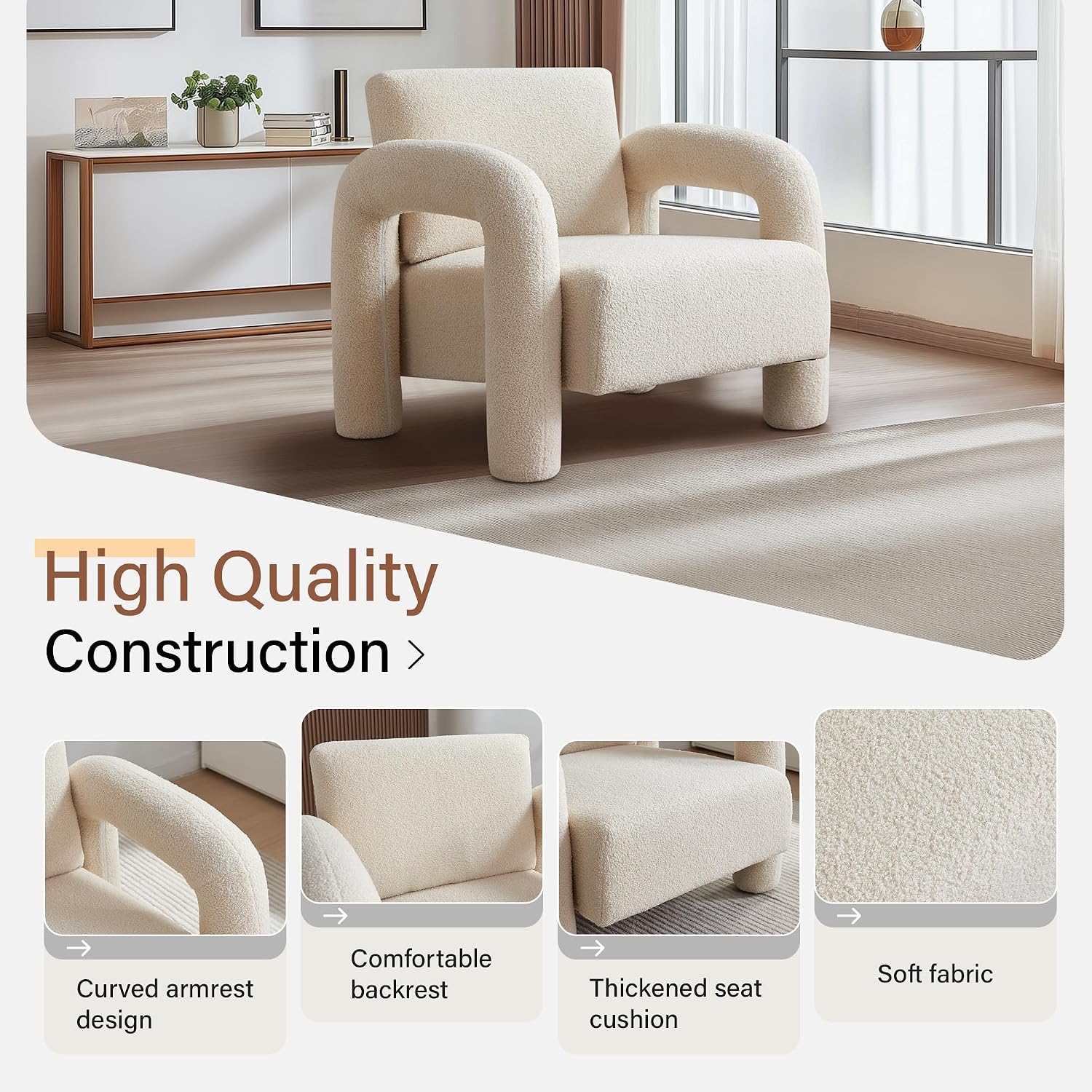 33.5" Modern Accent Chair, Velvet Single Sofa for Living Room,Comfy Arm Chair Leisure Armchair Single Sofa Chair with Curved Arm for Living Room, Apartment,Bedroom,Beige