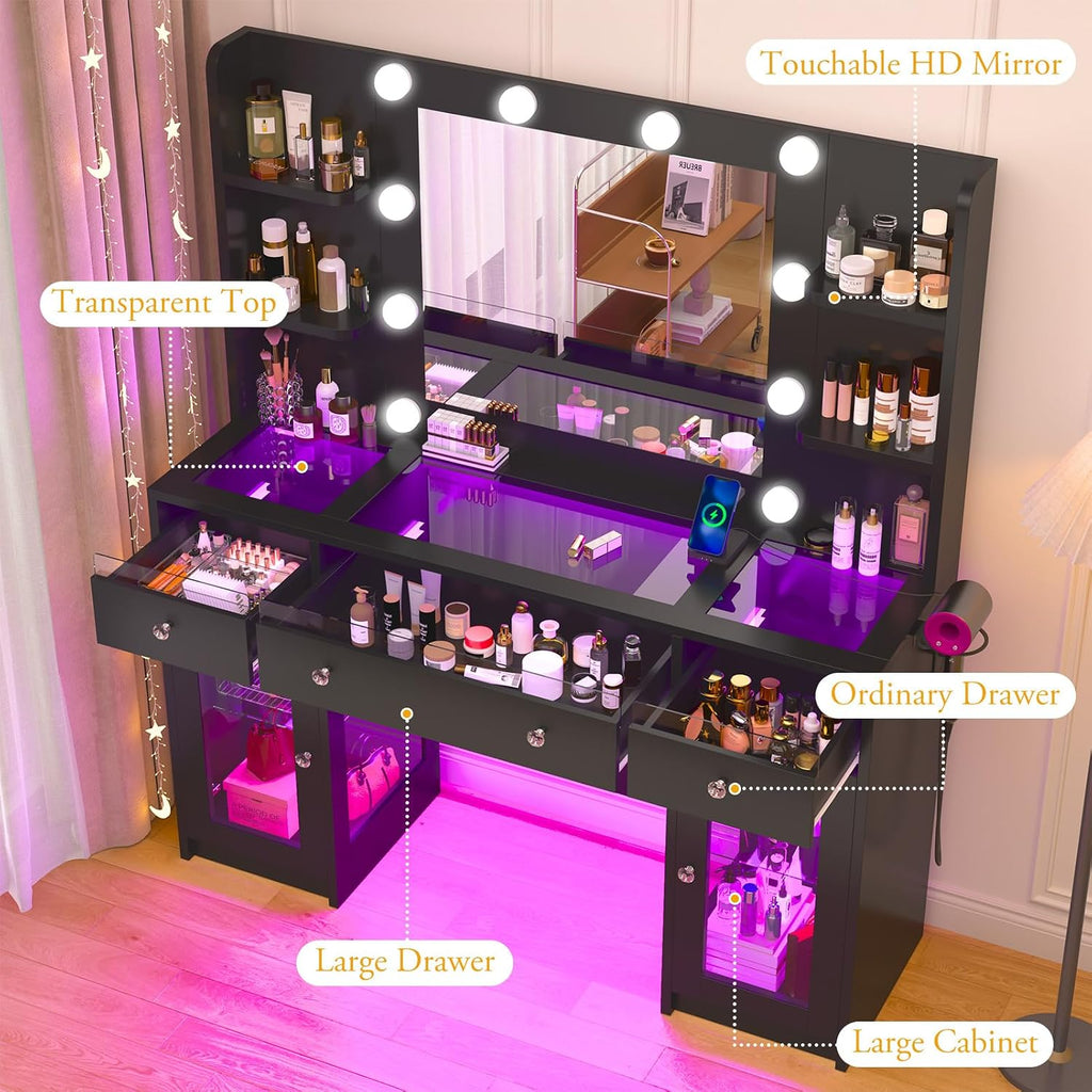 Vanity Desk W/6000-Colors Light&Power Outlet,Makeup Vanity Desk W/LED Mirror and Lights 3 Colors,Transparent GlassTop W/3 RGB Drawers,Hair Tool Holder,2 Large Tempered Cabinets for Bedroom(Black 2)