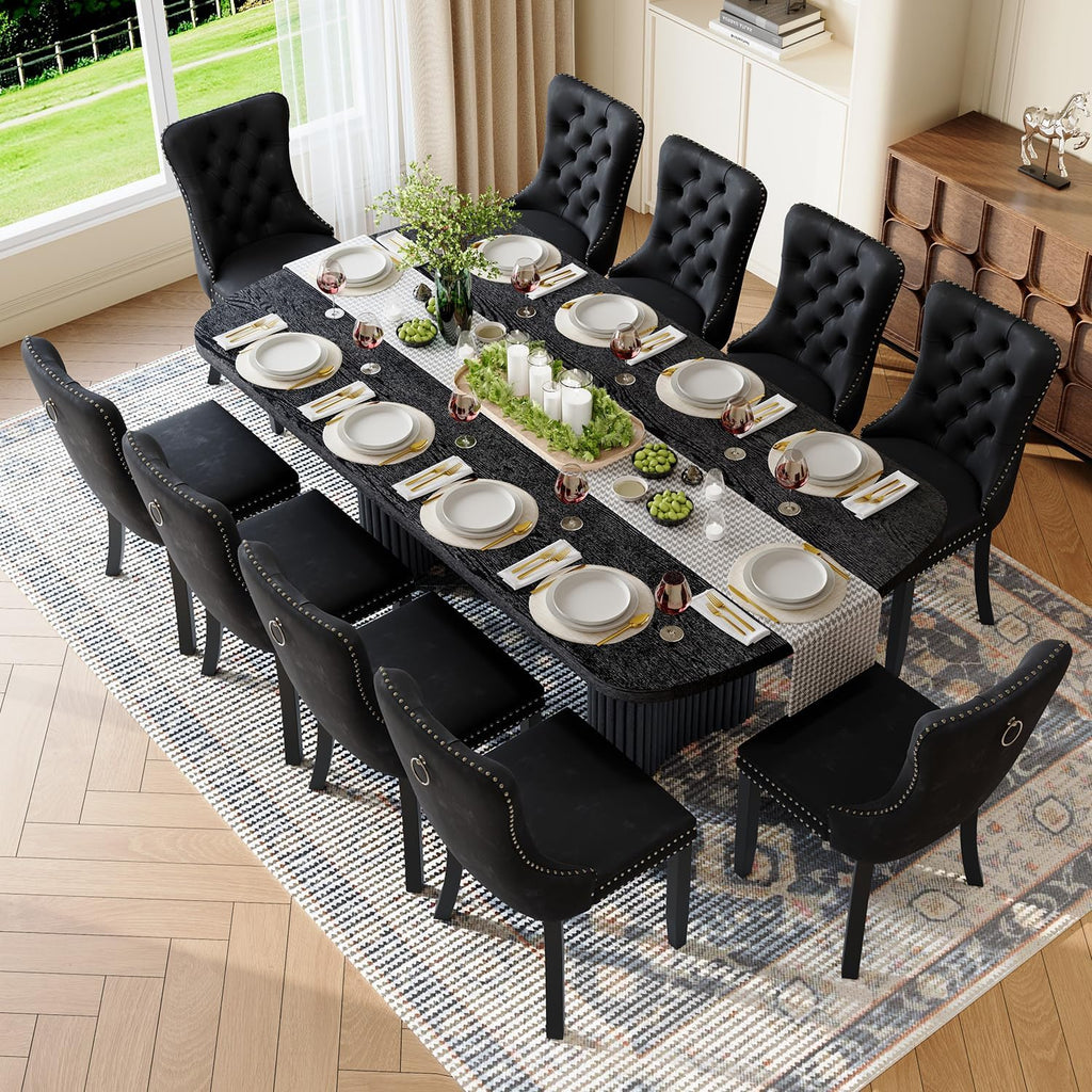 Dining Table Set for 10, 79'' Large Modern Rectangular Dining Room Table with 10 Velvet Chairs, Black Wood Finish, Reinforced Pedestal Base & Thick Tabletop, Stable Design for Home Dining
