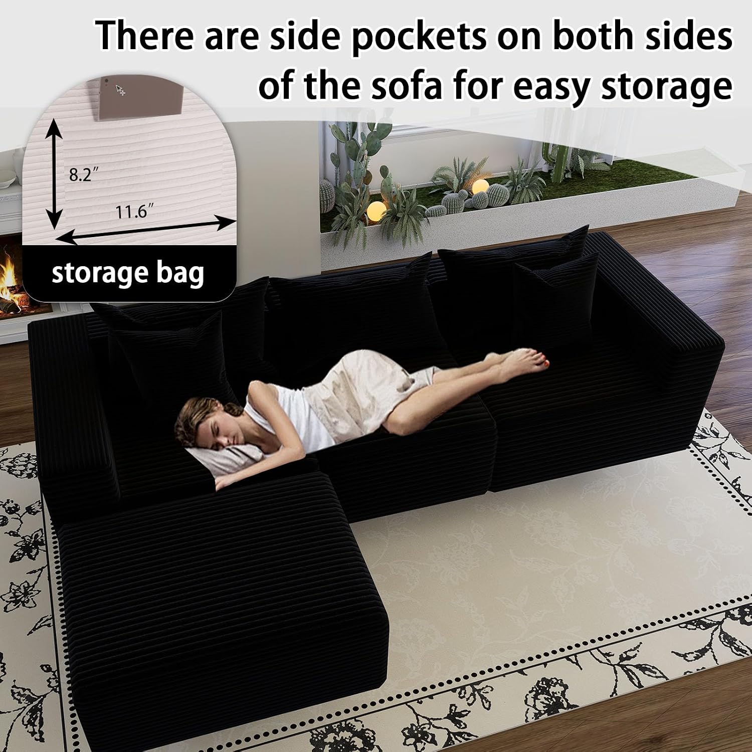 Oversized Cloud Couch Ottoman, Frameless Wide-Wale Corduroy Footrest for Living Room, High-Density All-Foam Large Rectangle Ottoman Coffee Table for Sectional Sofa (Black, Ottoman)