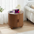 24" End Table with Charging Station, Farmhouse Round Fluted Wood Night Stand, Mid-Century Large Side Table with Storage & Sliding Door for Living Room, Bedroom (Round, Walnut)