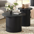 LUXOAK Nesting Coffee Table Set of 2, Mid Century Modern Round Coffee Tables, Wood Slat Side Table Set for Living Room, Office, Balcony, Textured Black