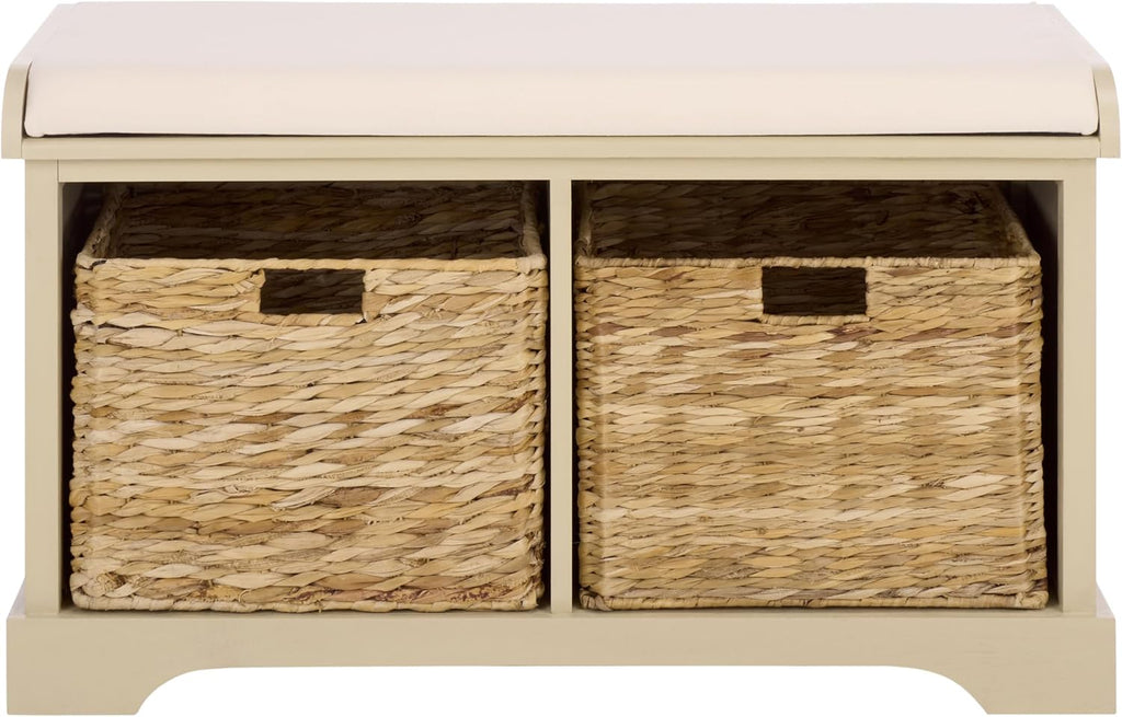 SAFAVIEH Furniture - Freddy 2-Basket Storage Bench - Sand - Solid Wood - Coastal Basket Storage Design - Ideal for Entryway, Living Room, Hallway, 18" Seat Height - Fully Assembled (AMH5736J)