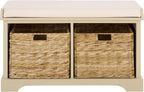 SAFAVIEH Furniture - Freddy 2-Basket Storage Bench - Sand - Solid Wood - Coastal Basket Storage Design - Ideal for Entryway, Living Room, Hallway, 18" Seat Height - Fully Assembled (AMH5736J)