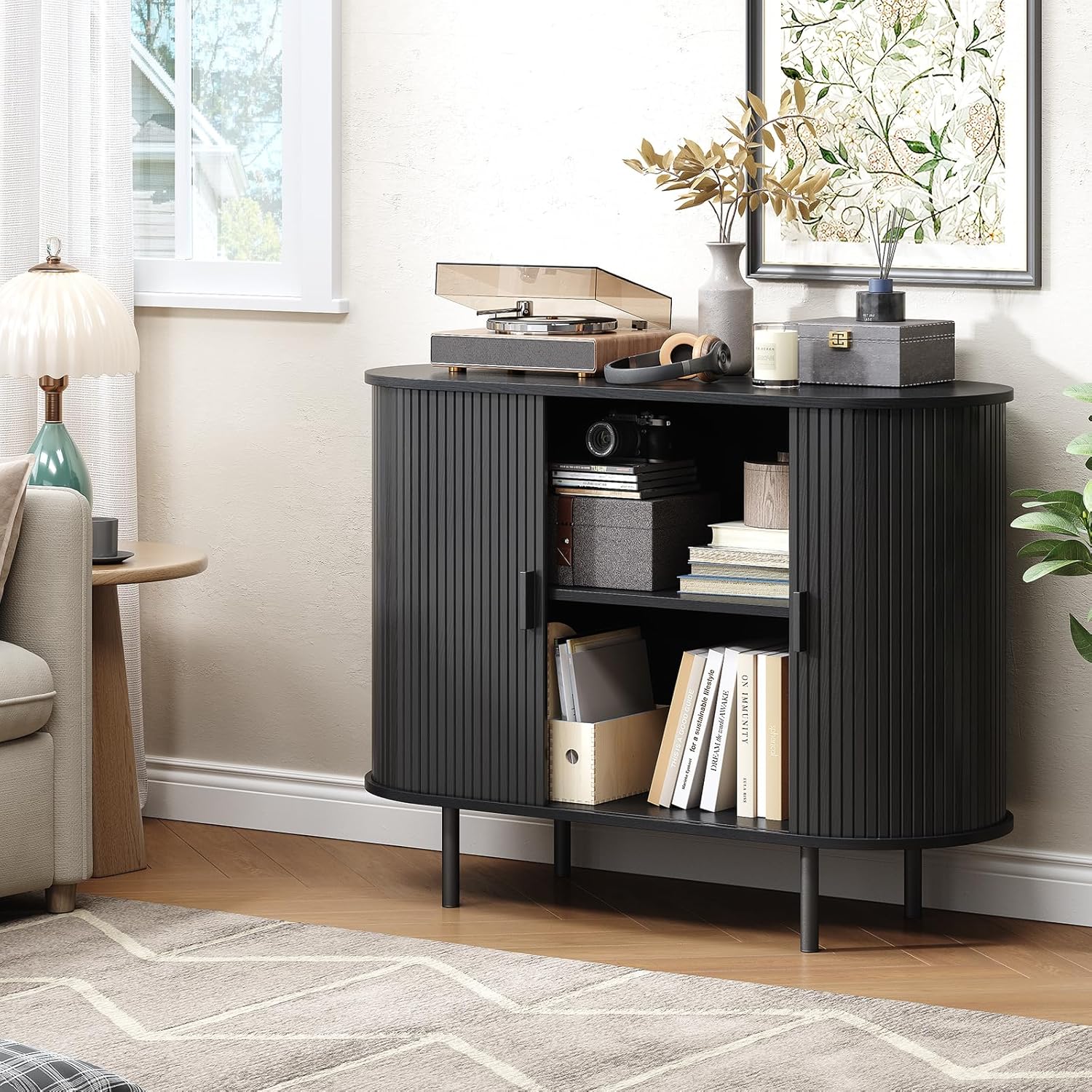 Buffet Cabinet with Storage, Fluted Sideboard Buffet with Sliding Door, Coffee Bar Cabinet with Adjustable Shelf, Console Table, Accent Table for Entryway, Kitchen (Black, 40 Inch)