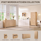 IFGET Curved Buffet Cabinet with Doors, 66" Large Sideboard Buffet Storage Cabinet with 4 Doors and Shleves, Modern Coffee Bar Station Wood Kitchen Table for Kitchen, Dining Room, Natural