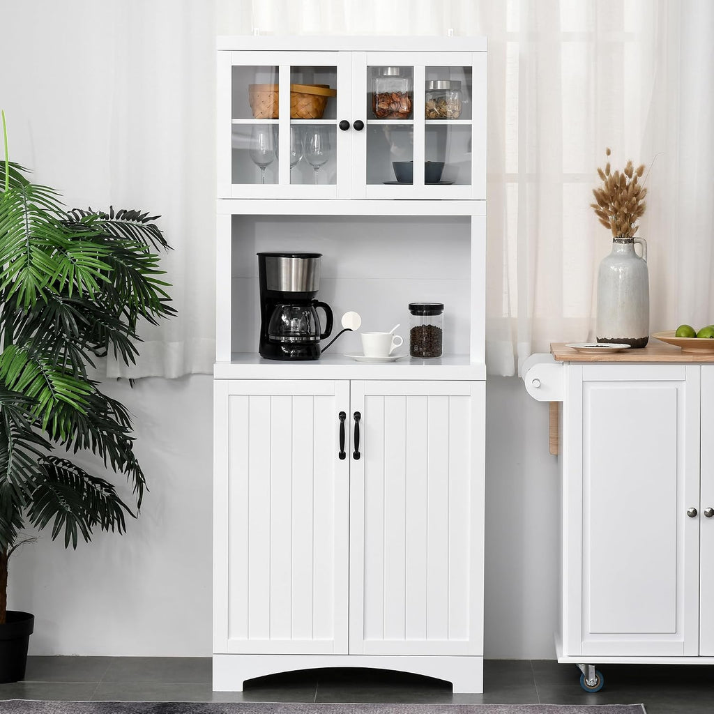 Kitchen Hutch, Pantry Cabinet with Glass Framed Door, Adjustable Shelves and Microwave Space for Dining Room, White