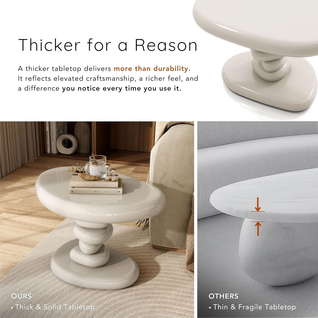 24/7 Shop at Home Kavren Modern 22-inch Oval Glossy Pedestal End Table, Stone Shape Living Room Furniture for Small Space, Ivory