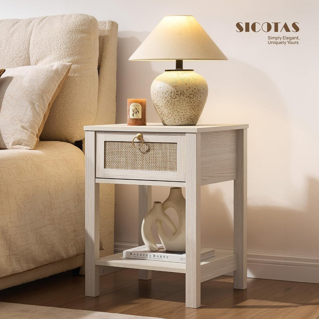 SICOTAS White Rattan Nightstand Set of 2 with Storage Shelf, Bedside Tables | Night Stand Set of 2 with Rattan Drawer, Boho End Tables with Storage for Bedroom, Guest Room, Apartment, and Small Spaces