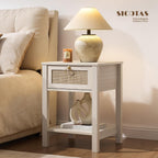 SICOTAS White Rattan Nightstand Set of 2 with Storage Shelf, Bedside Tables | Night Stand Set of 2 with Rattan Drawer, Boho End Tables with Storage for Bedroom, Guest Room, Apartment, and Small Spaces