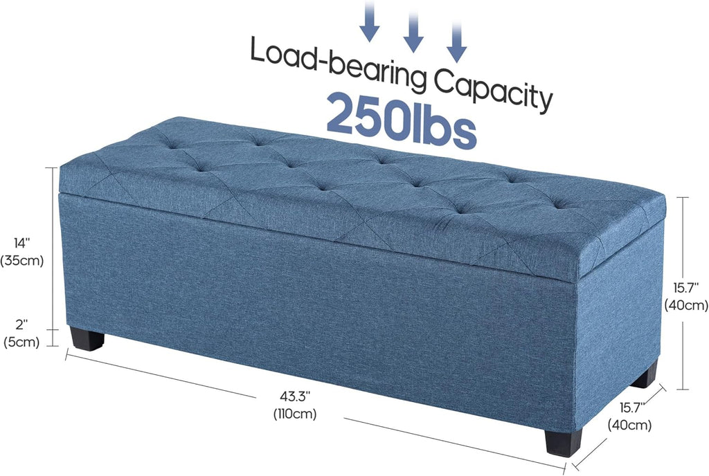 DUMOS Storage Ottoman Bench, 43.3 Inch End of Bed Bench for Living Room | 27 Gallon Steel Frame Linen-Look Fabric Chest, Removable Cover, 250lb Capacity, Bedroom Entryway, Blue