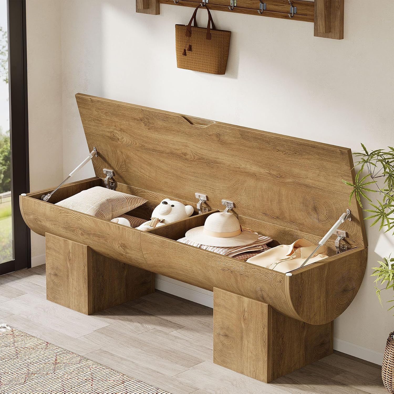 Tribesigns 55" Storage Bench with 2 Safety Hinges, Farmhouse Shoe Bench with Flip-Top Storage, Supports 350 lb and Easy Assembly (Natural)