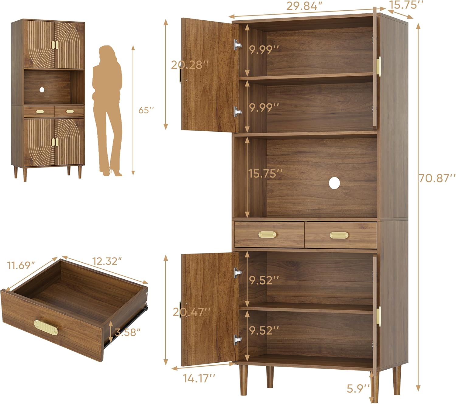 Smuxee 70.87" Walnut Kitchen Pantry Cabinet, Tall Food Pantry Cabinet with Line Groove Design, Kitchen Hutch with Microwave Stand for Dining Room, Living Room, Bar
