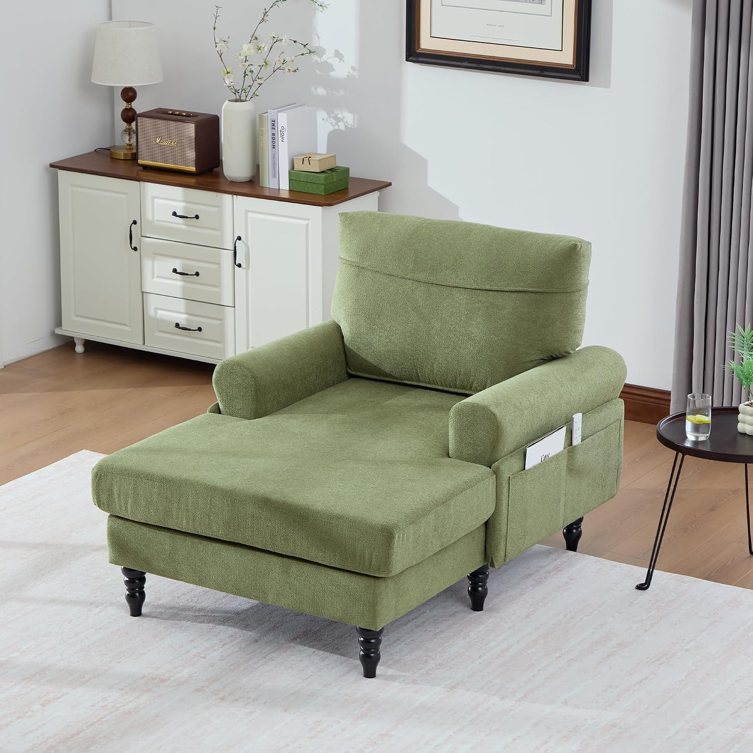 Eafurn 38" Modern Chaise Lounge Recliner Daybed Indoor, Comfy Chenille Upholstered Single Sofa Bed with Wodden Legs and Side Pockets, Deep Seat Sleeper Armchairs Couch for Living Room