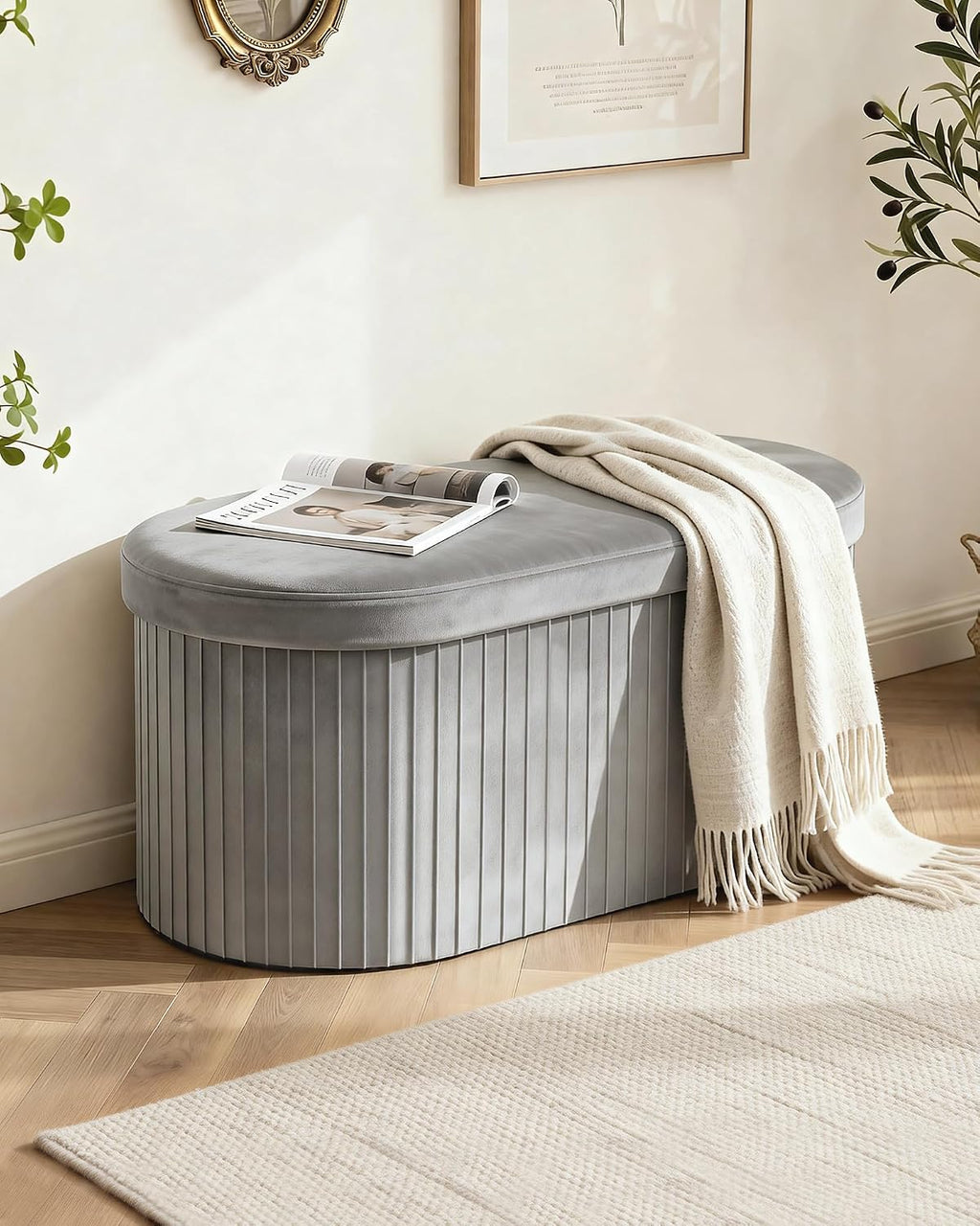 GLAXYFUR Folding Storage Ottoman, Velvet Upholstered Foot Rest, 30 Inches Oval Storage Bench for Bedroom, Living Room & Entryway (Light Grey)