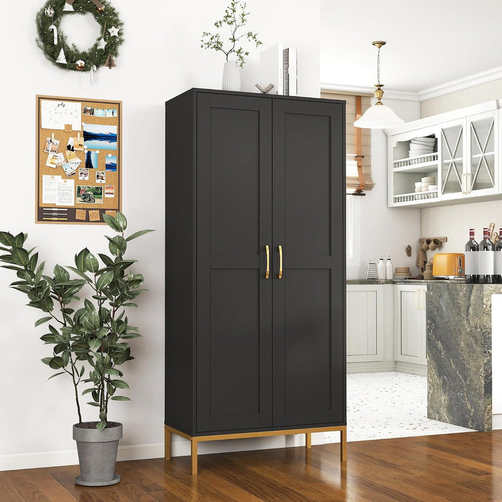 Kitchen Pantry Cabinet,Kitchen Pantry with 2 Adjustable Shelves,4 Shelf Cabinet,Freestanding Floor Cabinet,Unit for Garage Storage,Pantry,Laundry Room,Organization and Storage,Black