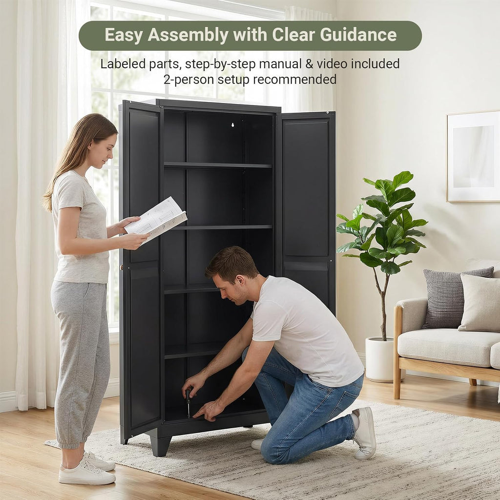 71" Metal Kitchen Storage Cabinet with Doors, Freestanding Steel Pantry Cabinet, 4 Adjustable Shelves, for Dining Room, Black