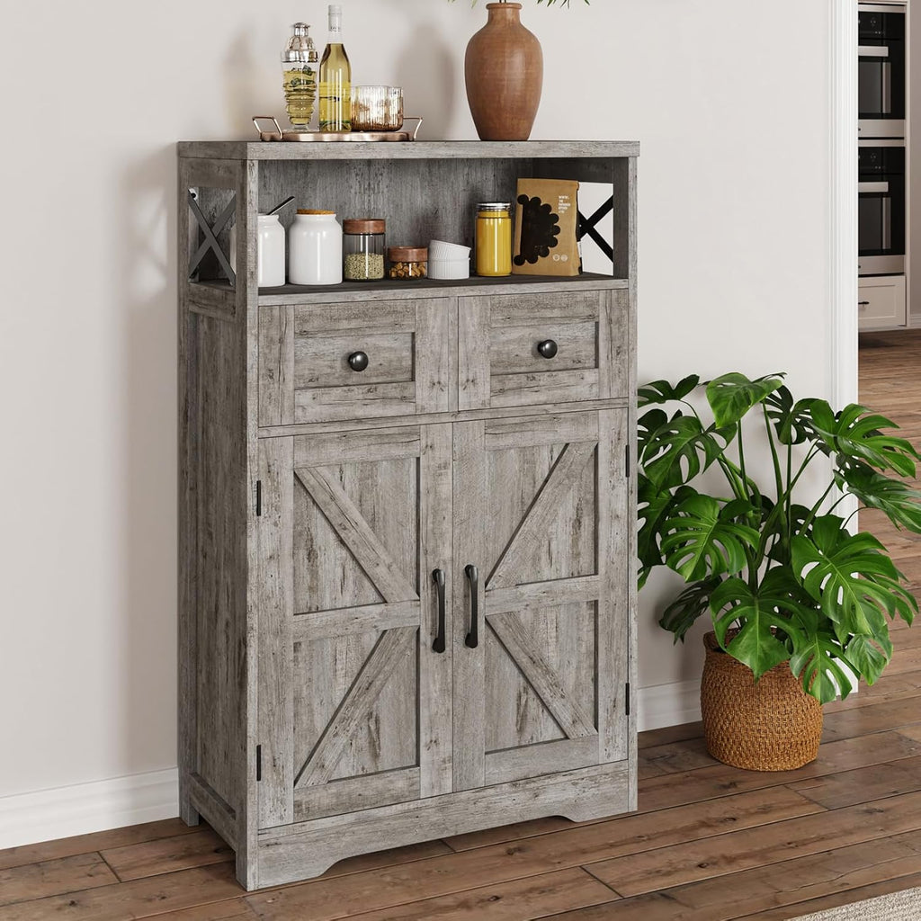 FiveWillowise Small Farmhouse Storage Cabinet with Barn Doors, Farmhouse Kitchen Pantry Cabinet, Tall Coffee Bar with Storage, Hutch Cupboard for Kitchen, Laundry, Living Room, Washed Grey