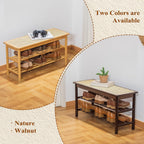 Bamboo Entryway Bench with Woven Rattan Seat, 2-Tier Shoe Storage Bench for Hallway & Entryway, 23.62 inches Walnut