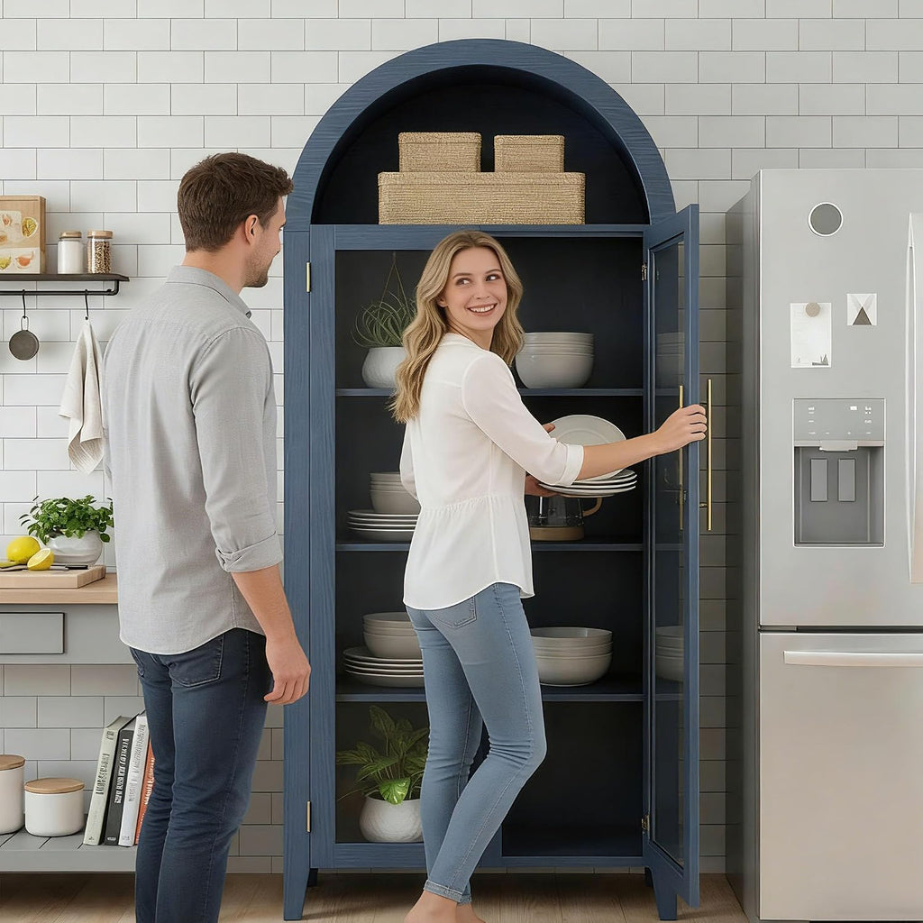 IDEALHOUSE Arched Kitchen Pantry Storage Cabinet - Farmhouse 5-Tier Display Shelf with 2 Large Glass Doors and Adjustable Shelf, Versatile Cupboard for Kitchen, Dining Room, Living Room, Night Blue