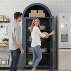 IDEALHOUSE Arched Kitchen Pantry Storage Cabinet - Farmhouse 5-Tier Display Shelf with 2 Large Glass Doors and Adjustable Shelf, Versatile Cupboard for Kitchen, Dining Room, Living Room, Night Blue
