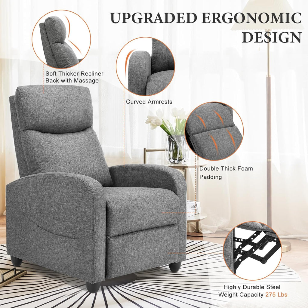 OLIXIS Recliner Chair for Adults, Home Theater Seating with Lumbar Support | Fabric Reclining Sofa Chair Seat for Living Room, Recliners, Gray