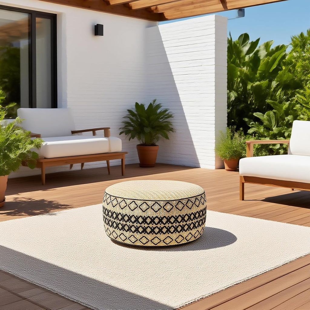 Outdoor Inflatable Ottoman with Air Pump, Embroidery Patio Footrest Stool D21”x H9”, Round Pouf Ottoman with Portable Handle Suitable for Garden, Camping, Bedroom, Living Room