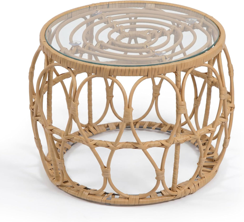 Furniture of America Ysar Boho Rattan Round Coffee Table Outdoor with 5mm Tempered Glass Top, All-Weather and Rust Resistant Patio Furniture
