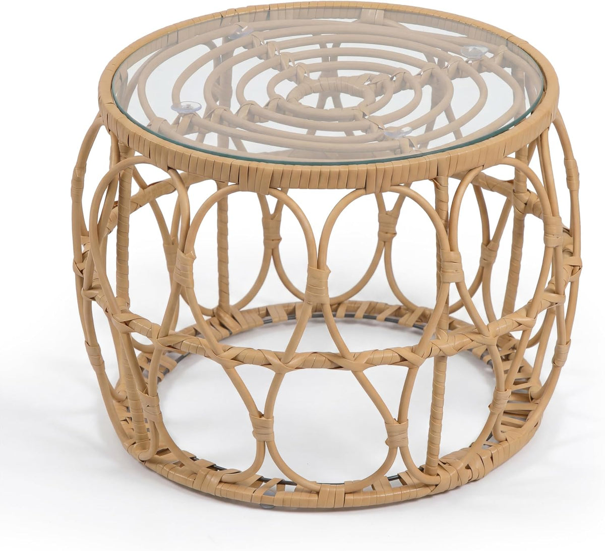 Furniture of America Ysar Boho Rattan Round Coffee Table Outdoor with 5mm Tempered Glass Top, All-Weather and Rust Resistant Patio Furniture