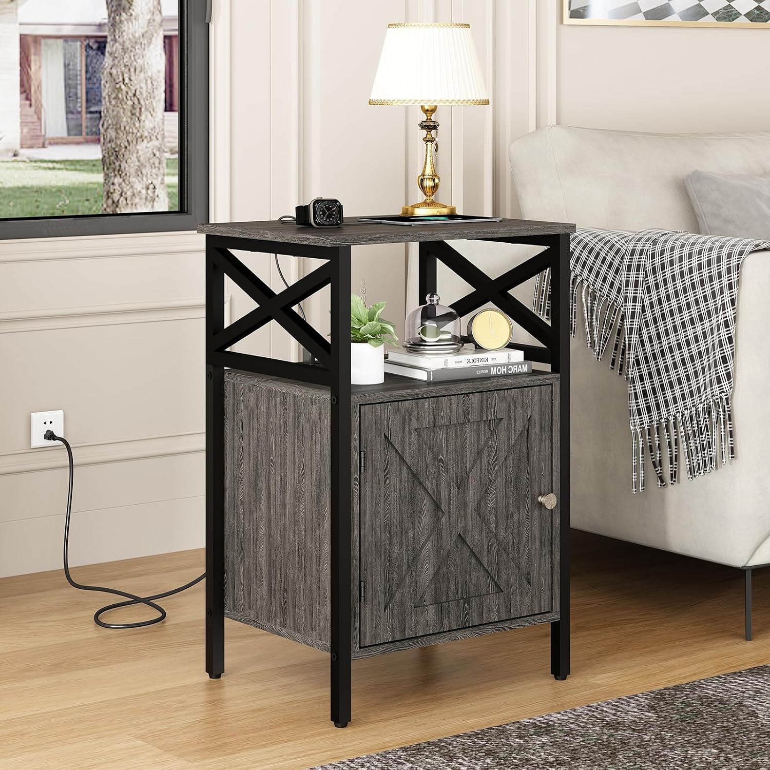 End Table Set of 2 with Charging Station, Side Table with Power Outlet & USB Ports, Nightstand with 2 Tiers Storage Space and Storage Cabinet, Sofa Side Tables for Bedroom, Living Room,Office, Grey