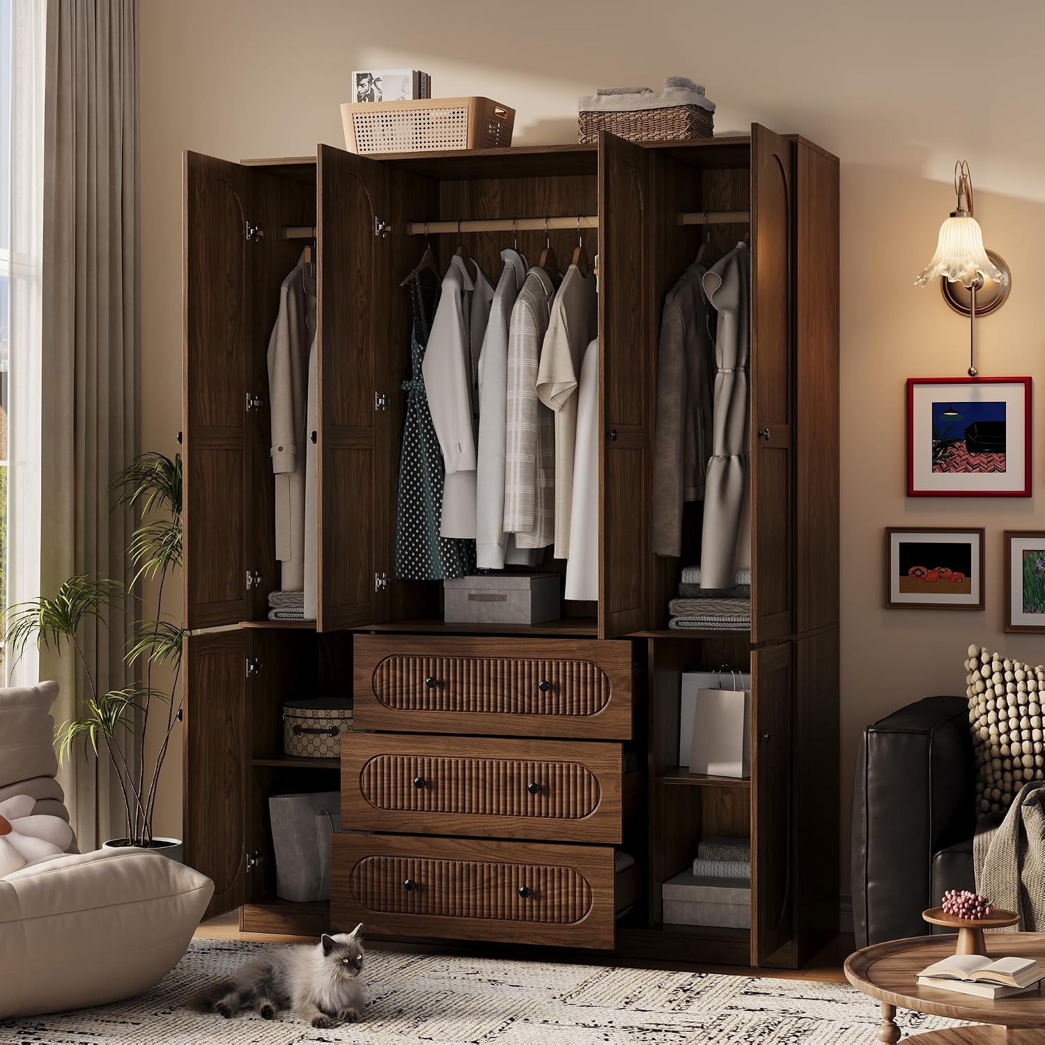 TOKSOM 4 Doors Freestanding Armoire Wardrobe Closet, 72" Walnut Wardrobe Armoire Wooden Closet Large Capacity Storage with 3 Drawers & 3 Hanging Rod Shelves Clothes Organizer