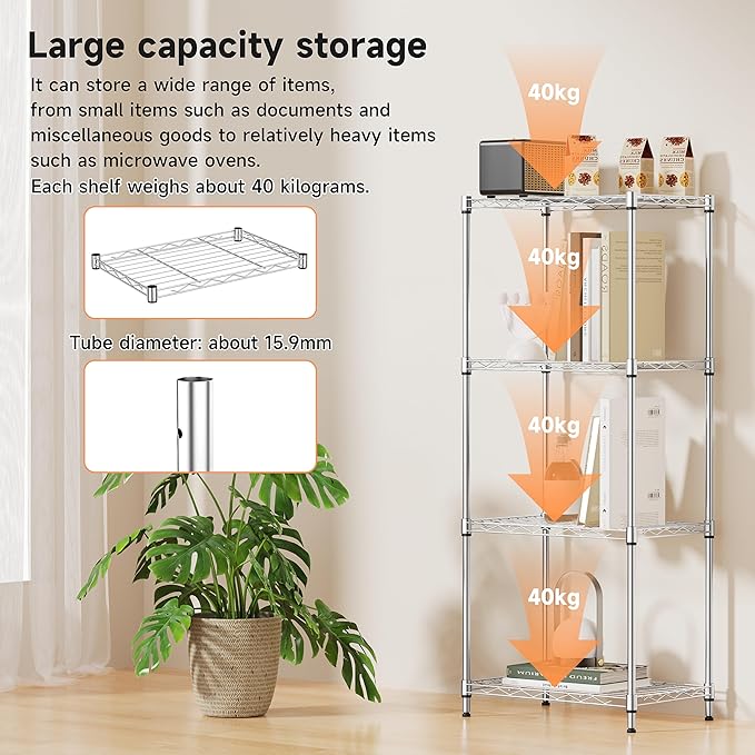 IZEUK 4 Tier Metal Wire Shelf Unit, Chrome Storage Rack Organizer for Kitchen, Bedroom, Living Room or Laundry Room, 17.7" W x 11.8" D x 41.9" H