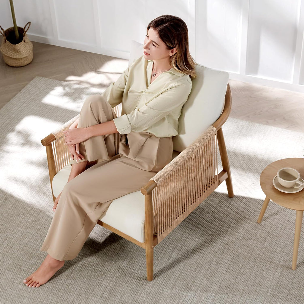 CHITA Braid Accent Chair Set of 2, Wood Frame and Paper-Cord Armrest, Cream | Boho Reading Armchair, FSC Certified Solid Wood Living Room Chair, Bedroom, 33.1"Dx26.4"Wx35.4"H, 300 Lb Capacity