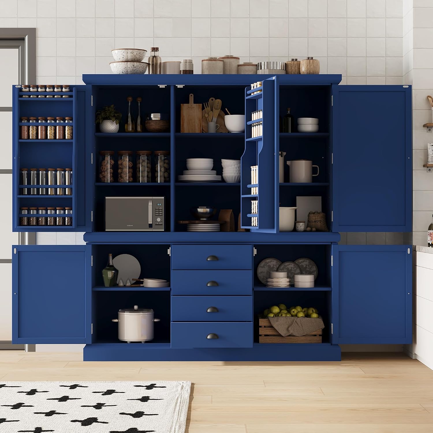 Merax 73''H Freestanding Wooden Kitchen Pantry Storage Cabinet, Organizers with 2 Upper & 2 Bottom Cabinets & 4 Drawers & 8 Adjustable Shelves, Anti-Tipping Device Cupboard for Dining Room, Blue