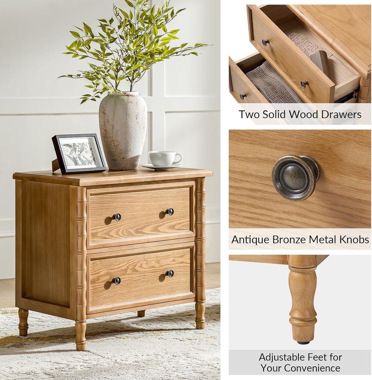 HULALA HOME 26" Solid Wood End Table with Spindle Legs, 2 Drawer Accent Table with Built-in Charging Station, Refined Transitional Style(Oak, Set of 2)