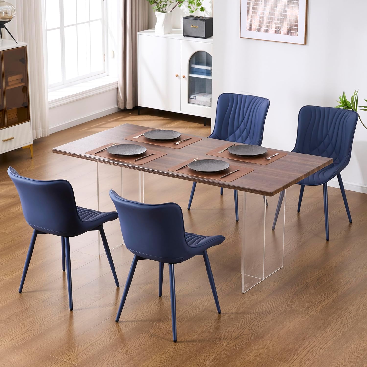 Kidol & Shellder Dining Chairs Set of 2, Mid Century Modern Kitchen Chairs with Metel Legs, PU Leather Upholstered Side Chair for Dining Room, Living Room, Lounge, Restaurant, Navy Blue