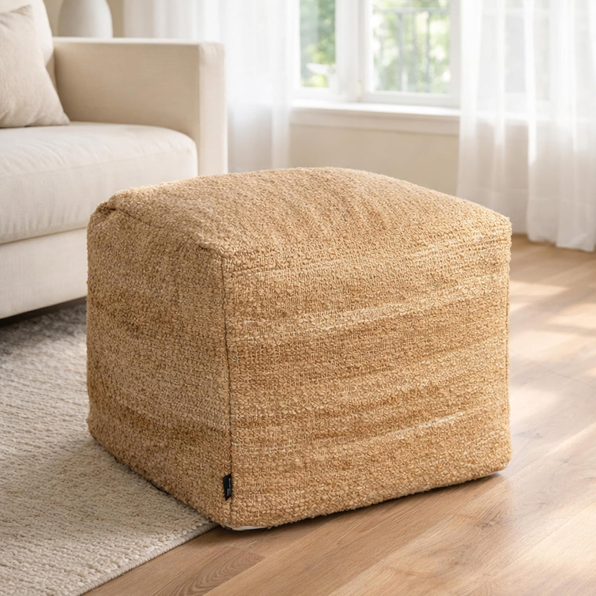 Chardin home Unstuffed Pouf Ottoman Cover, Beige, 16.5x16.5x12.9 Inches | DIY Fillable Floor Pouf with Storage, Indoor Outdoor Square Ottoman, Footrest, Boho Decorative Floor Pillow