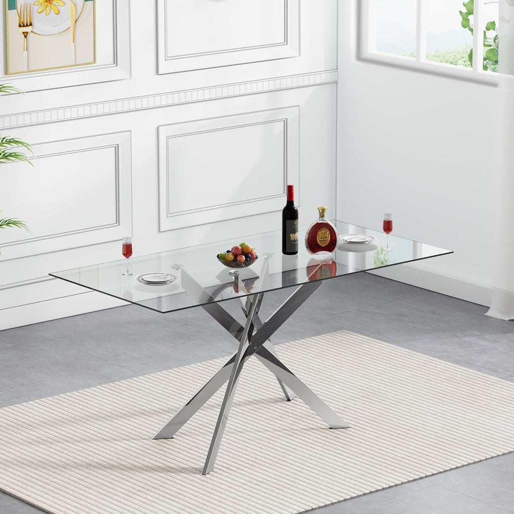 Modern Glass Dining Table Set for 6, Glass Silver Kitchen Table and Chairs Set, 7 Piece Dining Room Table Set with 51" Rectangle Dinner Table and 6 Black Leather Dining Chairs