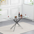Modern Glass Dining Table Set for 6, Glass Silver Kitchen Table and Chairs Set, 7 Piece Dining Room Table Set with 51" Rectangle Dinner Table and 6 Black Leather Dining Chairs