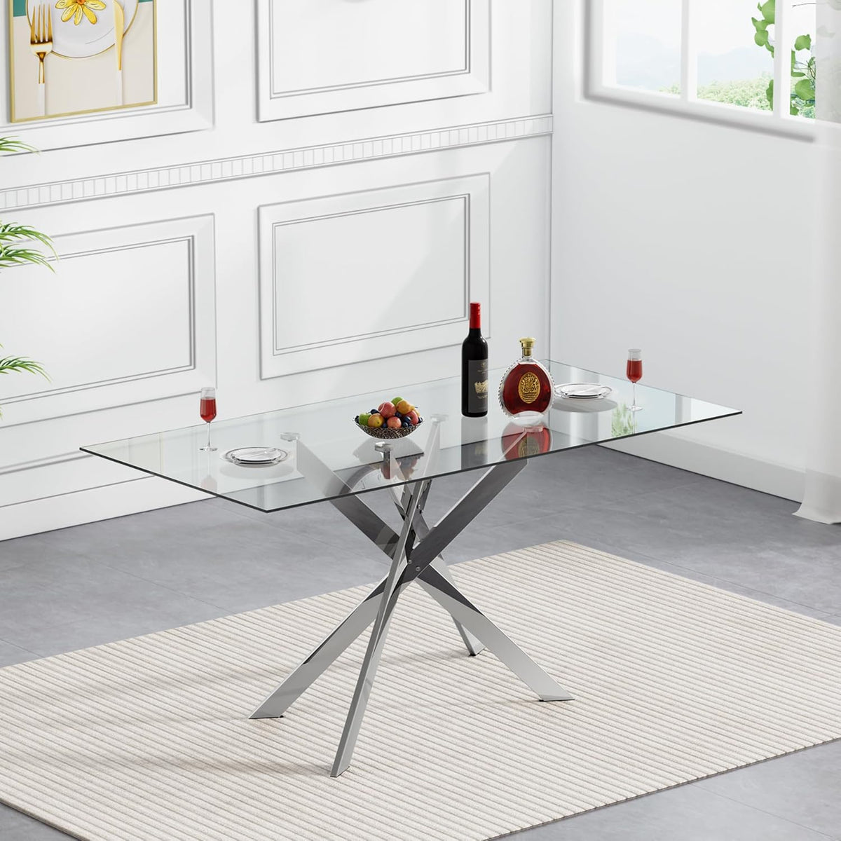 Modern Glass Dining Table Set for 6, Glass Silver Kitchen Table and Chairs Set, 7 Piece Dining Room Table Set with 51" Rectangle Dinner Table and 6 Black Leather Dining Chairs