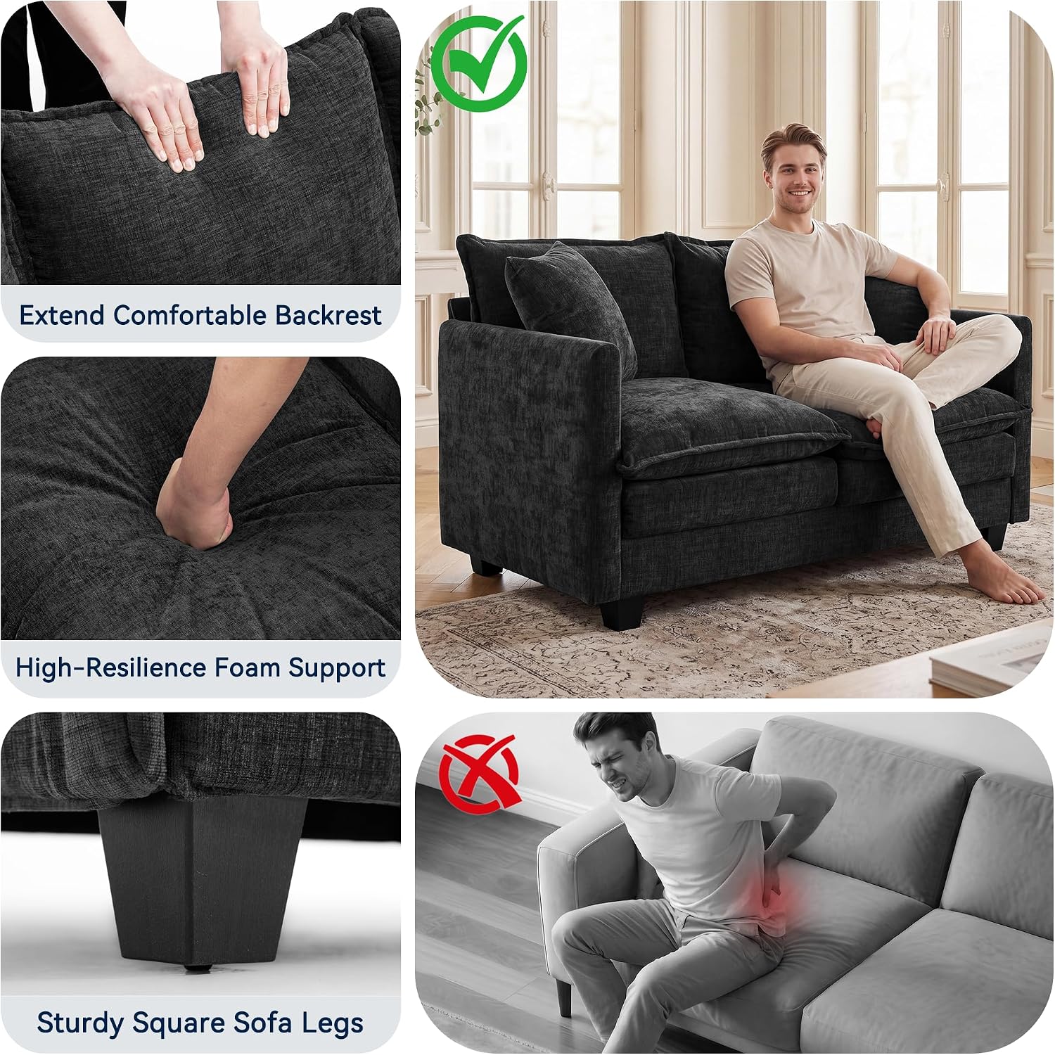 Loveseat Sofa Couch 2 Piece Set, Small Compact 50" Love Seat 27" Deep Cloud Sofa Set Washable Chenille Pillow Living Room Set for Apartment Office 50-Black-2+2