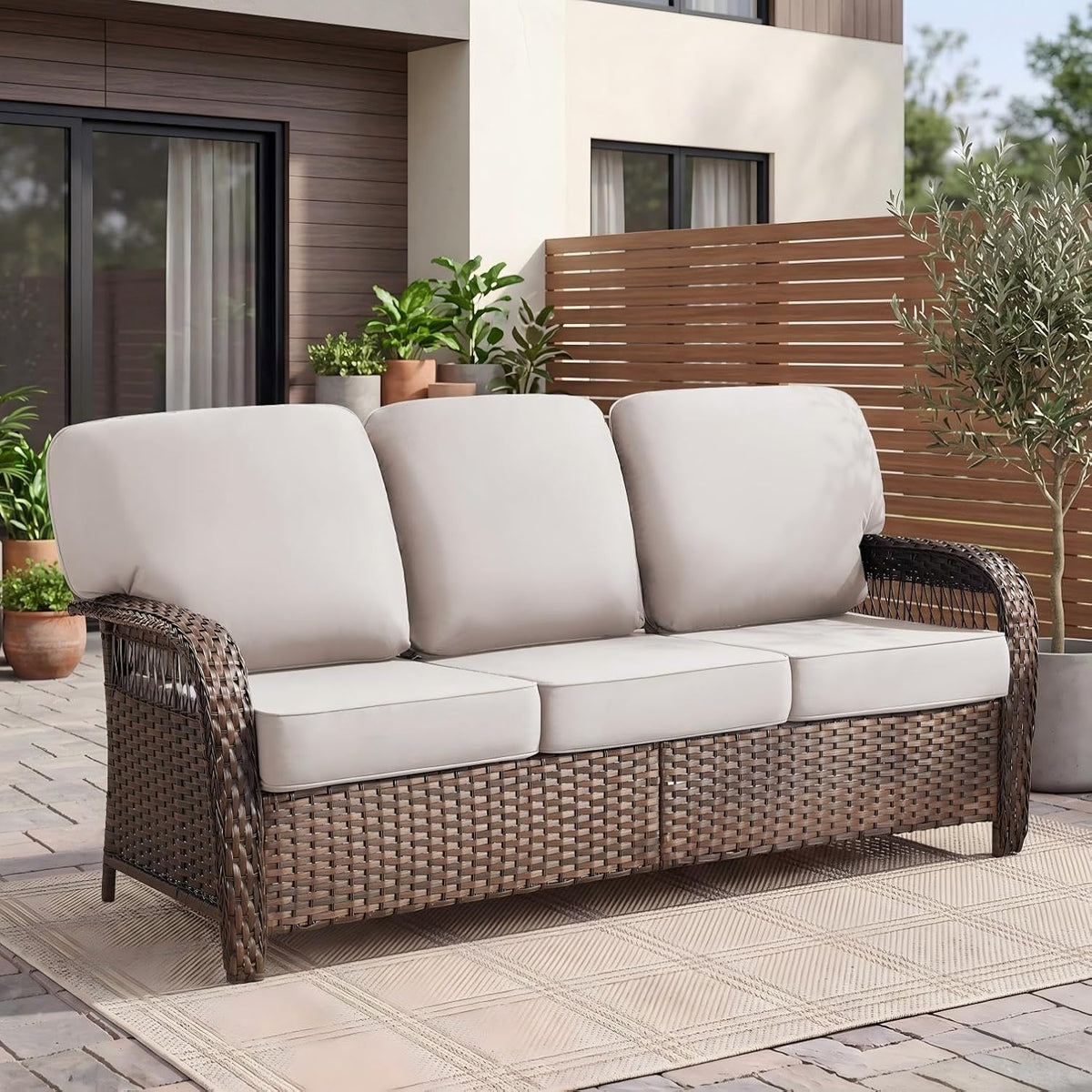 Belord Luxury Outdoor High Back Couch, All-Weather Wicker 3-Seater Sofa, Wicker Patio Furniture for Deck Porch Garden,Beige