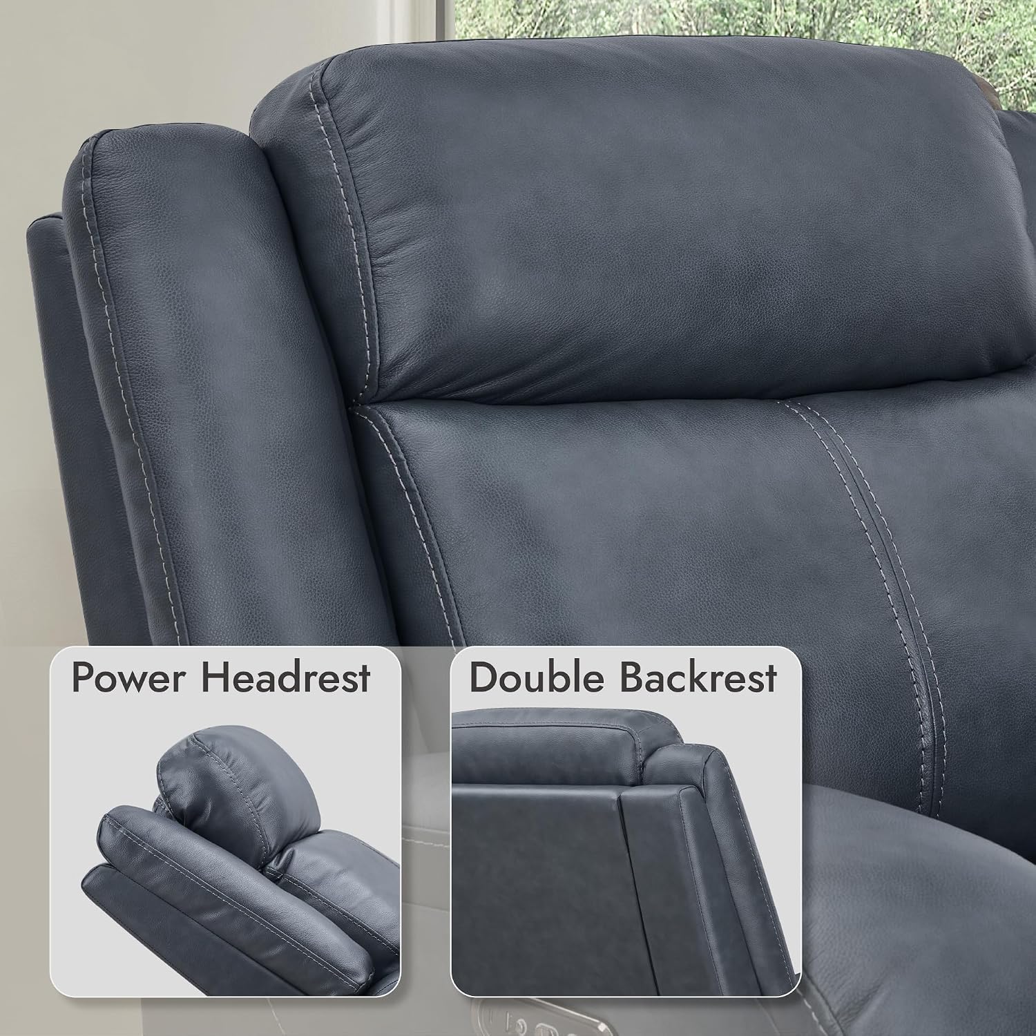 Watson & Whitely Oversized Genuine Leather Power Recliner Chairs for Big and Tall, Wall Hugger Recliner with Power Headrest & Charging Ports, Extra Large Reclining Chair for Living Room, Navy Blue