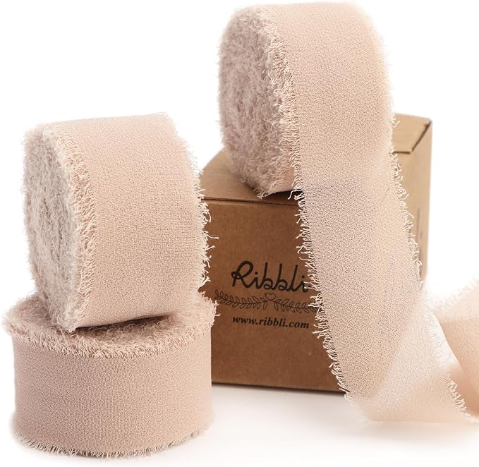 Ribbli Beige Ribbon 1 Inch x 3 Rolls Total 24 Yards Natural Handmade Fringe Chiffon Silk Ribbon for Wrapping Wedding Invitations Bridal Bouquets DIY Crafts Home Decor