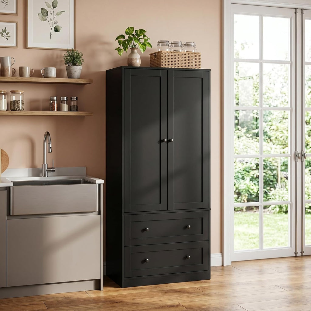 DIYART 64.2" Tall Black Kitchen Pantry, Storage Cabinet with Doors and Drawers, Freestanding Wooden Organizer for Kitchen, Dining Room