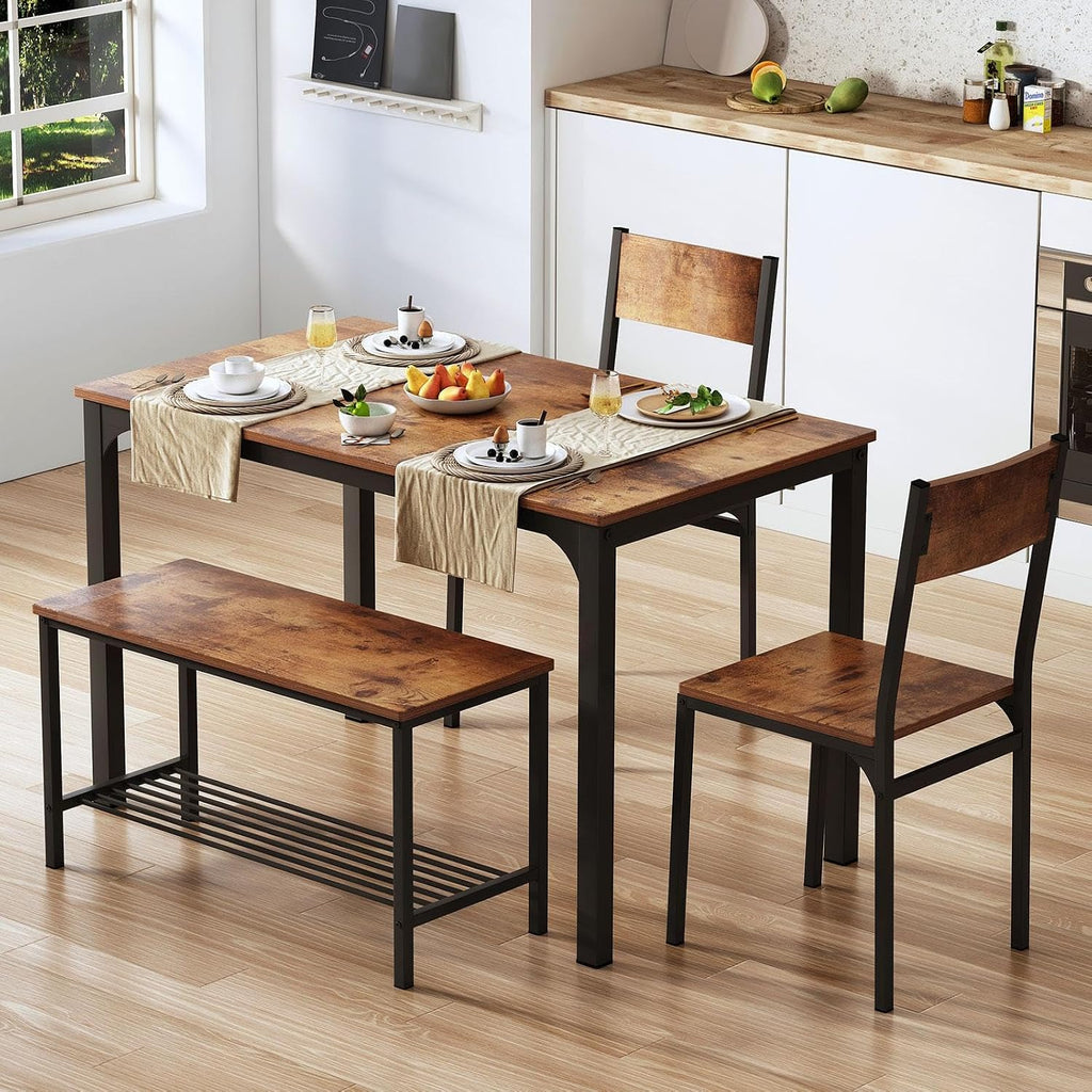soges Kitchen Nesting Dining Table with 2 Chairs & Bench, Rustic Brown | Modern 43.3 inch Table Set, Black Metal Frame, Space-Saving for Dining Room, Restaurant, Apartment, Easy Assembly