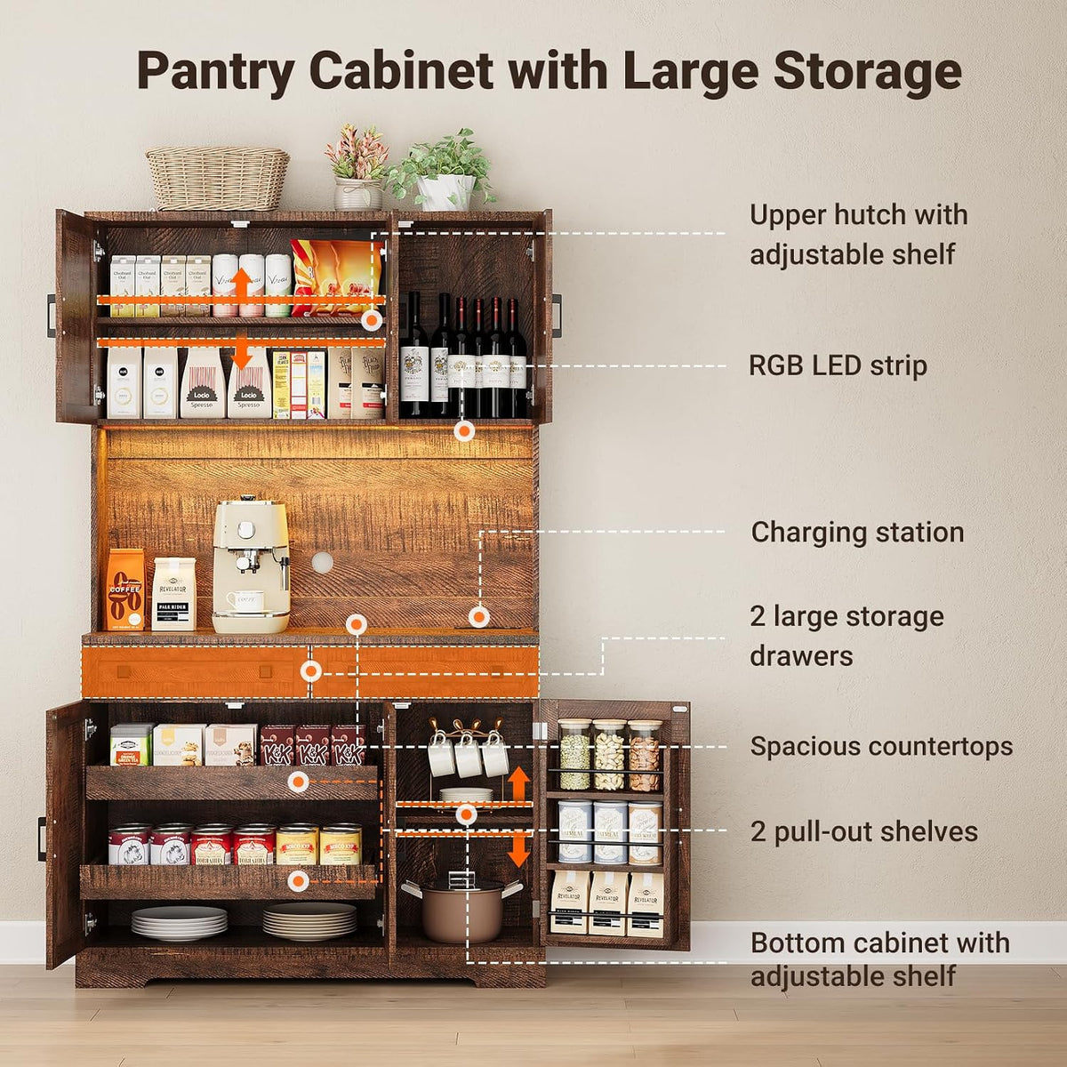 ELYKEN 71" Kitchen Pantry Storage Cabinet with Outlet & LED Lights, Brown